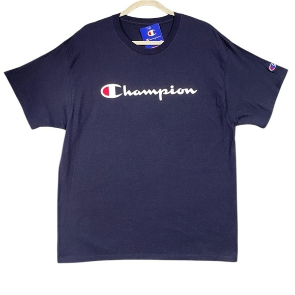 NEW Champion Script Logo Jersey Tee Mens Sz L Navy - Picture 1 of 6